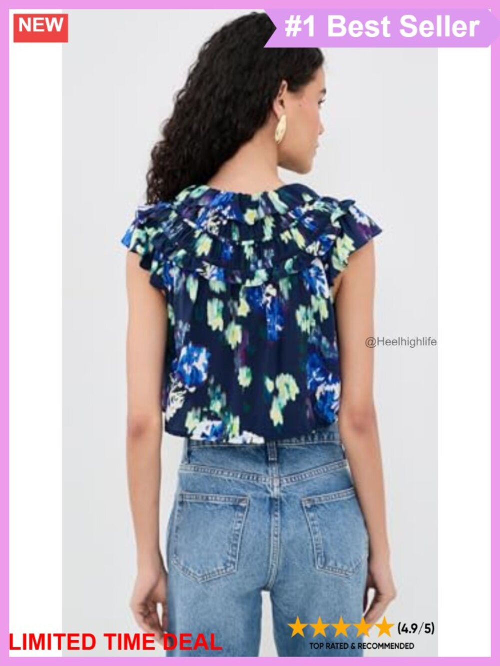 Silk Charmeuse Floral Ruffle Gathered Blouse Drawstring Short Flutter Sleeve - Picture 3 of 5